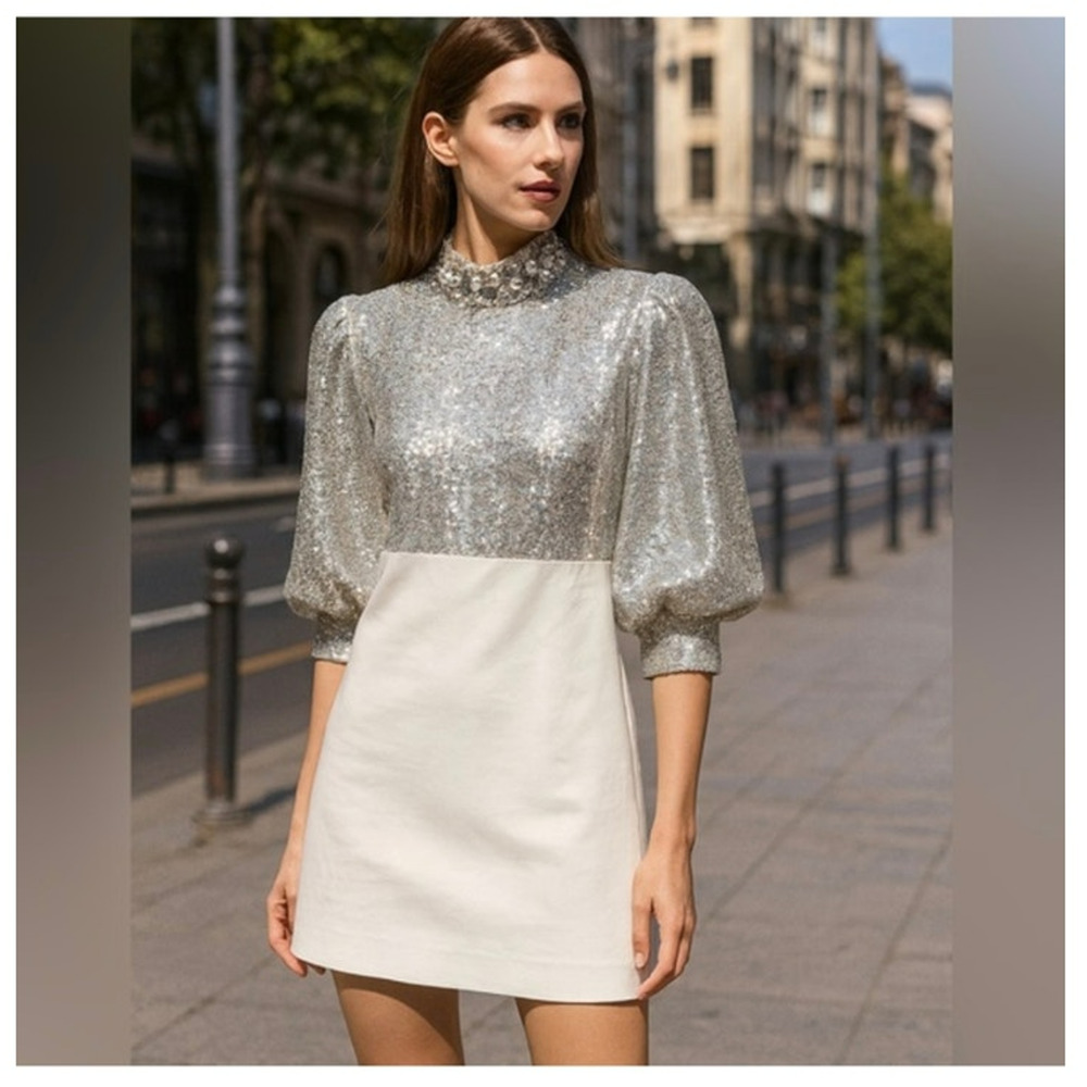 New Boston Proper silver white sequined jewelled mini cocktail dress size 14